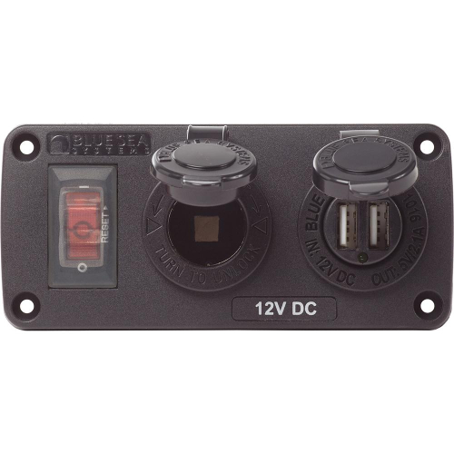 Blue Sea Systems - Blue Sea 4363 Water Resistant USB Accessory Panels - 15A Circuit Breaker, 12V Socket, 2.1A Dual USB Charger