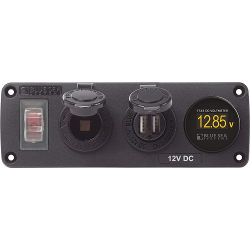 Blue Sea Systems - Blue Sea 4366 Water Resistant USB Accessory Panel - Circuit Breaker, 12V Socket, Dual USB Charger, Mini Voltmeter