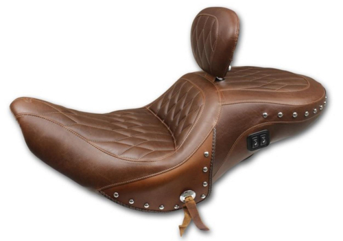 Mustang - Mustang Heated One-Piece Touring Seat - Diamond Stitched/Chrome Studded - Brown - 79665