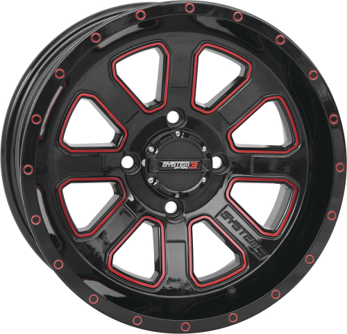 System 3 - System 3 ST-4 Aluminum Wheel - 14x7 - 2+5(-47mm) - 4/110 - Gloss Black/Red - 14S3-4111R