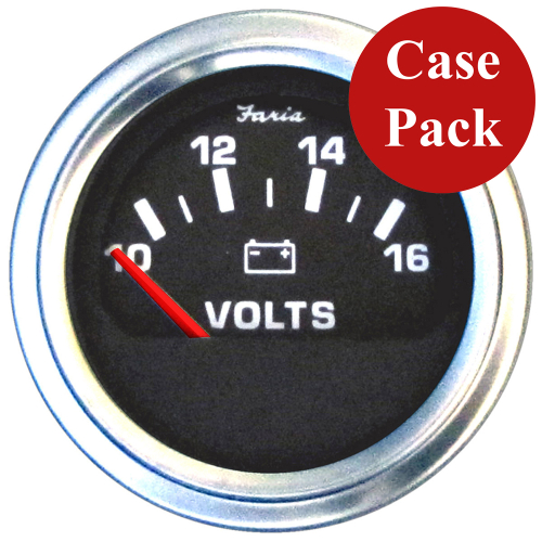 Faria Beede Instruments - Faria 2" Voltmeter (10-16 VDC) Unlit 12V Black w/Stainless Steel Bezel &amp; Orange Pointer - Case of 24