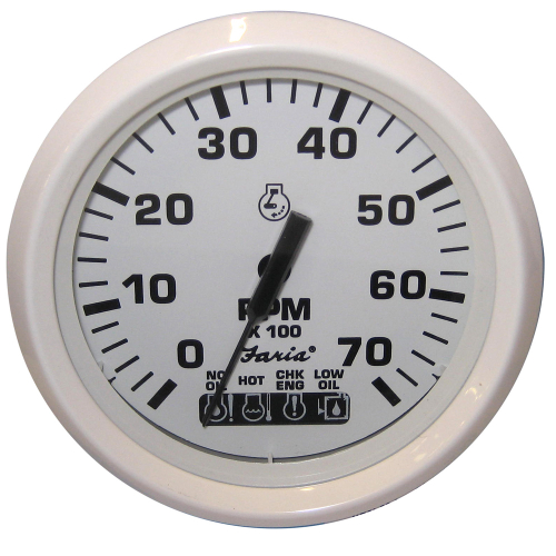 Faria Beede Instruments - Faria Dress White 4" Tachometer w/Systemcheck Indicator - 7000 RPM (Gas) (Johnson / Evinrude Outboard)