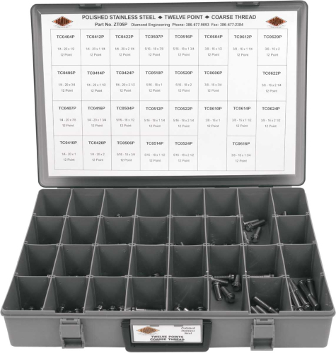 Diamond Engineering - Diamond Engineering 12-Point Polished Stainless Steel Coarse Thread Bolt Assortment with Tray (145 Piece) - ZT05HP