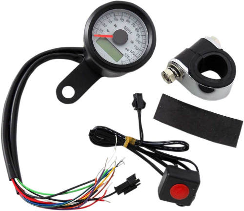 Drag Specialties - Drag Specialties 1-7/8in. Mini Programmable Electronic Speedometer w/ Indicator Lights - 120mph - White Face - 2210-0421