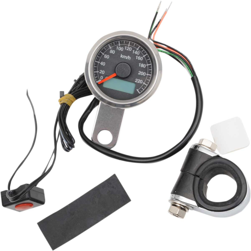 Drag Specialties - Drag Specialties 220 KM/H Mini Electronic Speedometer w/ Odometer/Tripmeter - Polished/Black Face - 1.87in. - 2210-0324
