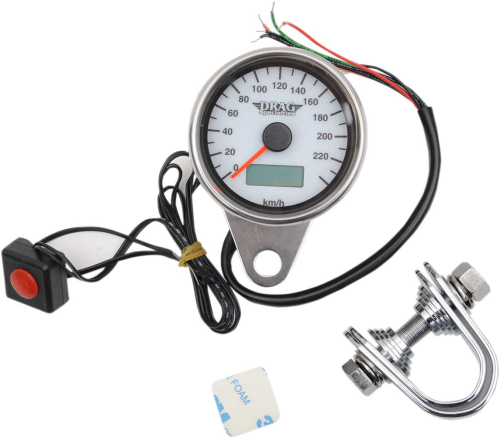 Drag Specialties - Drag Specialties 220 KM/H Mini Electronic Speedometer w/ Odometer/Tripmeter - Polished/White Face - 2.37in. - 2210-0327