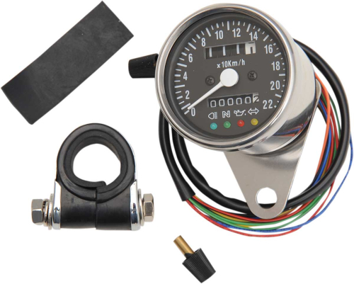 Drag Specialties - Drag Specialties 2.4in. Mini Mechanical Speedometers with Led Indicators - Ratio KM/H 1:1 - Black Face - 21-6818LEDPB