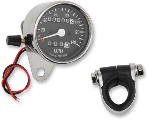 Drag Specialties - Drag Specialties 2.4in. Mini Mechanical Speedometer - 140 MPH - 2:1 Ratio - Black Face and Tripmeter - 21-6815-BX15