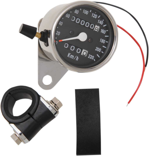 Drag Specialties - Drag Specialties 220 KM/H Mini Mechanical Speedometers w/ Chrome Housing - 2:1 Ratio w/ Black Face and Trip Meter - 2210-0331