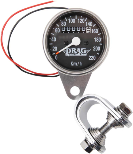 Drag Specialties - Drag Specialties 220 KM/H Mini Mechanical Speedometers w/ Chrome Housing - 2:1 Ratio w/ Black Face - 2210-0330