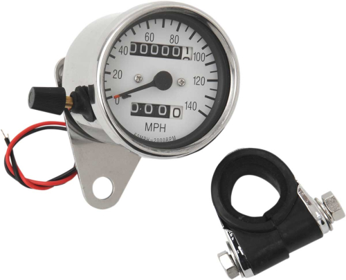 Drag Specialties - Drag Specialties 2.4in. Mini Mechanical Speedometer - 140 MPH - 2:1 Ratio - White Face and Tripmeter - 21-6835-BX15