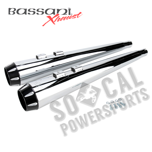Bassani Manufacturing - Bassani Manufacturing 4in. Slip-On Megaphone Mufflers with 2 1/2in. Performance Baffles - Chrome with Fluted Black End Cap - FLH-517RL