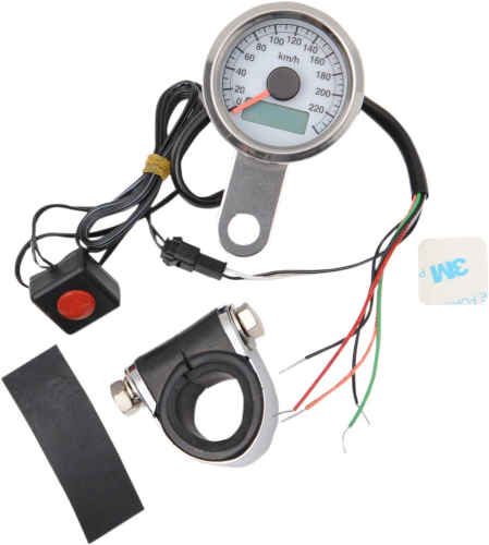 Drag Specialties - Drag Specialties 220 KM/H Mini Electronic Speedometer w/ Odometer/Tripmeter - Polished/White Face - 1.87in. - 2210-0325
