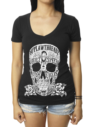 Outlaw Threadz - Outlaw Threadz Moto Skull Womens V-Neck T-Shirt - WT47-W2XL - Black - 2XL
