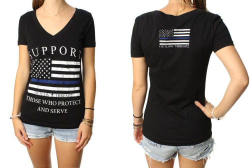 Outlaw Threadz - Outlaw Threadz Thin Blue Line Womens V-Neck T-Shirt - WT58-W2XL - Black - 2XL