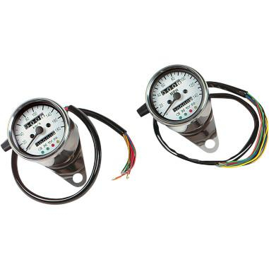 Drag Specialties - Drag Specialties 2.4in. Mini Mechanical Speedometers with Led Indicators - Ratio KM/H 1:1 - White Face - 21-6818-BX15
