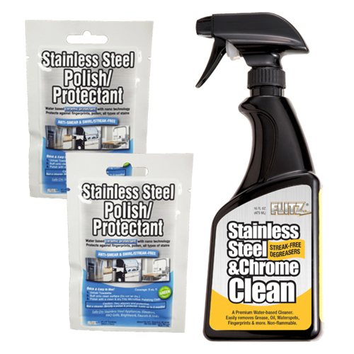 Flitz - Flitz Stainless Steel &amp; Chrome Cleaner w/Degreaser 16oz Spray Bottle w/2 Stainless Steel Polish/Protectant Towelette Packets