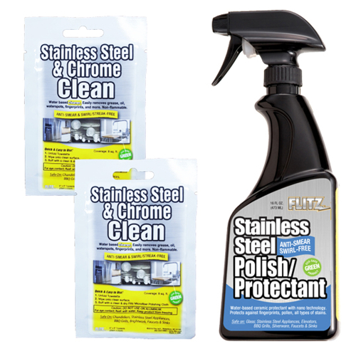 Flitz - Flitz Stainless Steel Polish 16oz Spray Bottle w/2 Stainless Steel &amp; Chrome 8" x 8" Towelette Packets