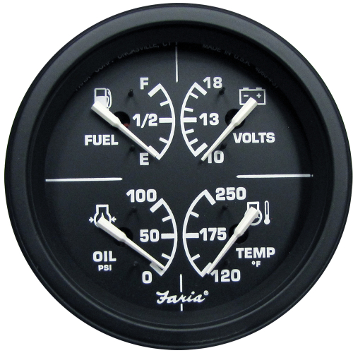 Faria Beede Instruments - Faria Heavy-Duty 4" Multifunction [Fuel Level | Oil PSI (100 PSI) | Water Temp (120&deg;-250&deg; F) | Voltmeter (10-16 VDC)] - Black