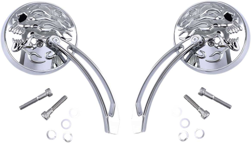 Drag Specialties - Drag Specialties 6in. Flaming Skull Slotted Stem Round Mirror - Chrome with Chrome Flaming Skull - 0640-1417