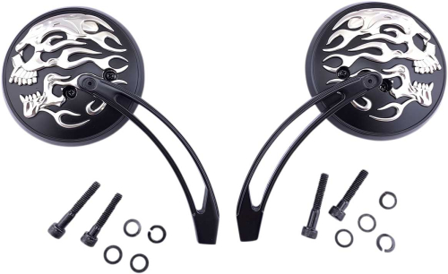 Drag Specialties - Drag Specialties 6in. Flaming Skull Slotted Stem Round Mirror - Matte Black with Silver Flaming Skull - 0640-1418
