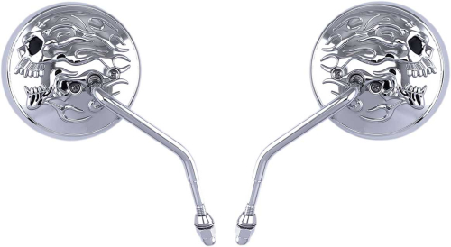 Drag Specialties - Drag Specialties 4in. Flaming Skull Round Mirror - Chrome with Chrome Flaming Skull - 0640-1419