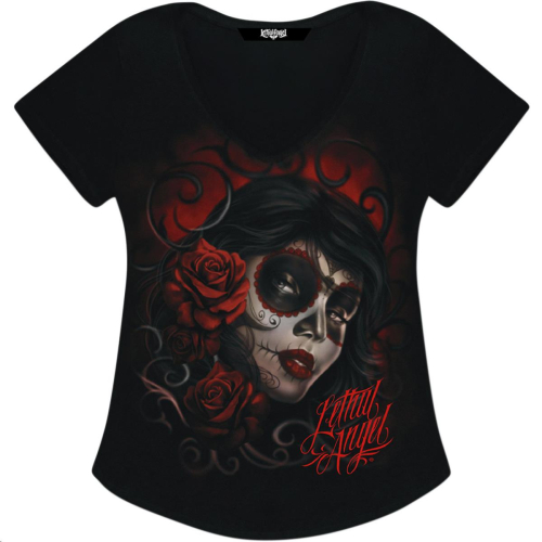 Lethal Threat - Lethal Threat Red Catrina V-Neck Womens Shirt - LA20689L - Red Catrina Black - Large