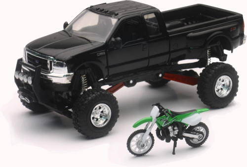 New Ray Toys - New Ray Toys 1:43 Scale Black Ford F-350 4x4 with Kawasaki Dirt Bike - SS-54436