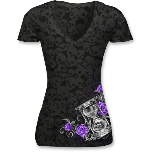 Lethal Threat - Lethal Threat Burnout Hourglass Skull Womens V-Neck T-Shirt - LT20436L - Black - Large
