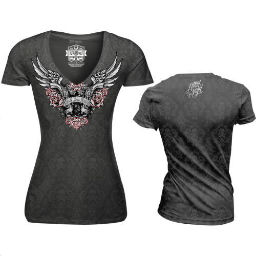 Lethal Threat - Lethal Threat Burnout Guns and Roses Womens V-Neck T-Shirt - LT20348L - Gray - Large