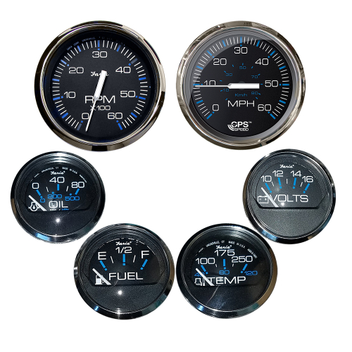 Faria Beede Instruments - Faria Chesapeake Black w/Stainless Steel Bezel Boxed Set of 6 - Speed, Tach, Fuel Level, Voltmeter, Water Temperature &amp; Oil PSI - Inboard Motors