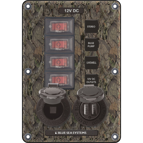 Blue Sea Systems - Blue Sea 4324 Circuit Breaker Switch Panel 4 Postion - Camo w/12V Socket &amp; Dual USB