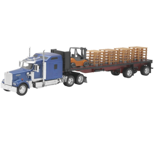 New Ray Toys - New Ray Toys 1:32 Long Hauler - Kenworth W900 Flatbed with Forklift and Pallets - SS-10263A