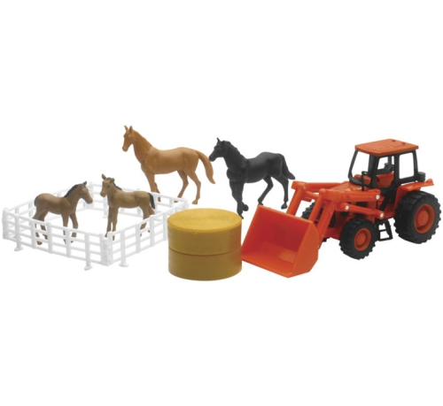New Ray Toys - New Ray Toys 1:32 Kubota Tractor - Farm Tractor with Front Loader and Horses Set - SS-15835A