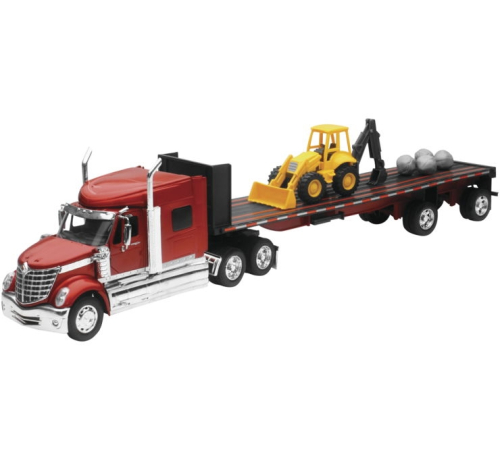New Ray Toys - New Ray Toys 1:32 Long Hauler - International Lonestar Flatbed with Construction Vehicle and Rocks - SS-10393B