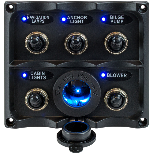 Sea-Dog - Sea-Dog Water Resistant Toggle Switch Panel w/LED Power Socket - 5 Toggle