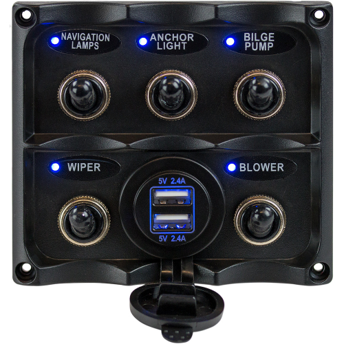 Sea-Dog - Sea-Dog Water Resistant Toggle Switch Panel w/USB Power Socket - 5 Toggle