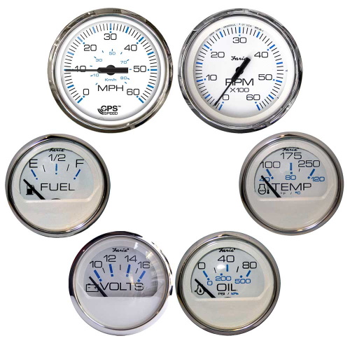 Faria Beede Instruments - Faria Chesapeake White w/Stainless Steel Bezel Boxed Set of 6 - Speed, Tach, Fuel Level, Voltmeter, Water Temperature &amp; Oil PSI - Inboard Motors
