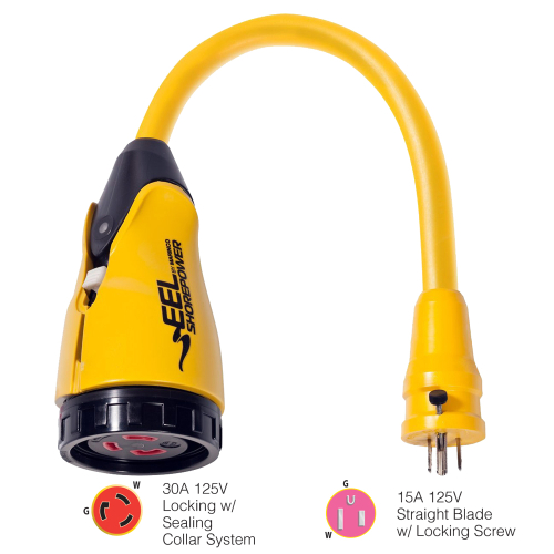 Marinco - Marinco P15-30 EEL 30A-125V Female to 15A-125V Male Pigtail Adapter - Yellow