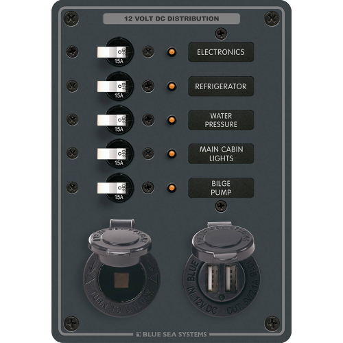 Blue Sea Systems - Blue Sea 8120 Breaker Panel 5 Position w/DC Socket &amp; Dual USB