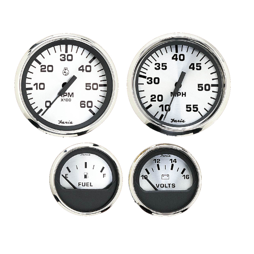 Faria Beede Instruments - Faria Spun Silver Box Set of 4 Gauges f/Outboard Engines - Speedometer, Tach, Voltmeter &amp; Fuel Level