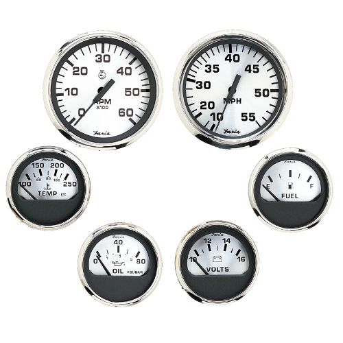 Faria Beede Instruments - Faria Spun Silver Box Set of 6 Gauges f/ Inboard Engines - Speed, Tach, Voltmeter, Fuel Level, Water Temperature &amp; Oil