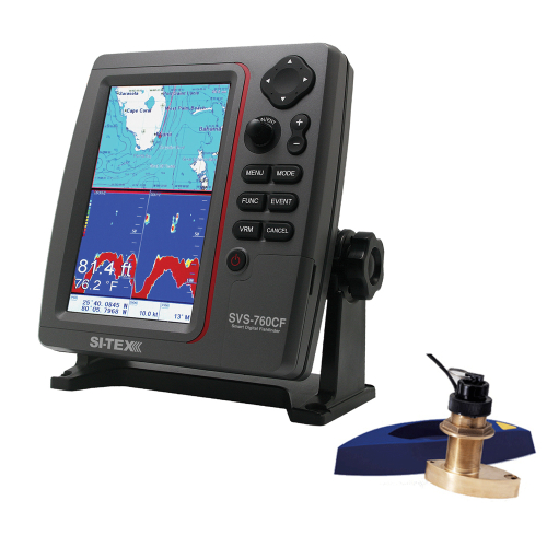 SI-TEX - SI-TEX SVS-760CF Dual Frequency Chartplotter/Sounder w/ Navionics+ Flexible Coverage & Bronze Thru-Hull Triducer