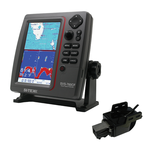SI-TEX - SI-TEX SVS-760CF Dual Frequency Chartplotter Sounder w/Navionics+ Flexible Coverage & Transom Mount Triducer