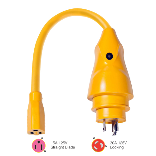 Marinco - Marinco P30-15 EEL 15A-125V Female to 30A-125V Male Pigtail Adapter - Yellow