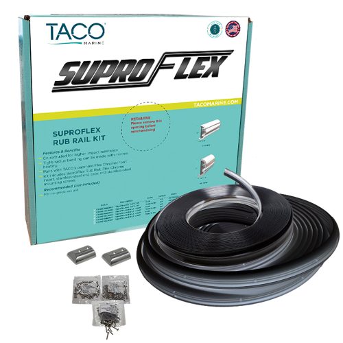 TACO Marine - TACO SuproFlex Rub Rail Kit - Black w/Flex Chrome Insert - 2"H x 1.2"W x 60&#39;L