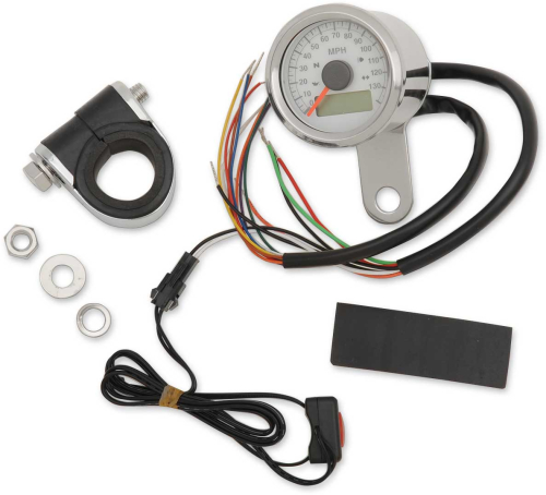Drag Specialties - Drag Specialties 1-7/8in. Mini Programmable Electronic Speedometer w/ Indicator Lights - 120mph - White Face - 2210-0417