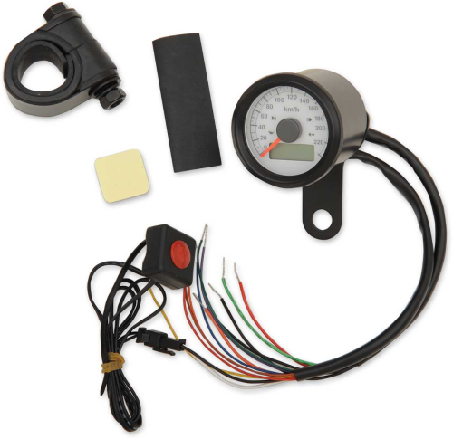 Drag Specialties - Drag Specialties 1-7/8in. Mini Programmable Electronic Speedometer w/ Indicator Lights - 220kph - White Face - 2210-0423