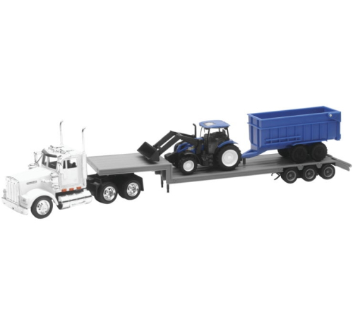 New Ray Toys - New Ray Toys 1:43 Kenworth New Holland Farm Vehicles - Kenworth W900 Lowboy with New Holland T6 and Trailer - 16153