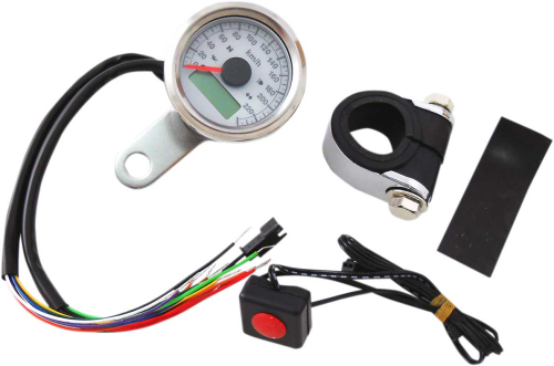Drag Specialties - Drag Specialties 1-7/8in. Mini Programmable Electronic Speedometer w/ Indicator Lights - 220kph - White Face - 2210-0419